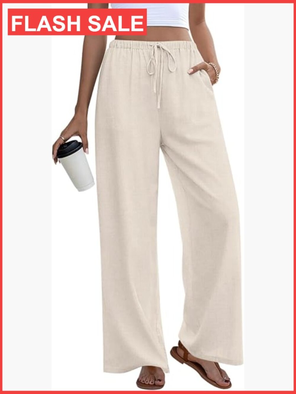 Wide Leg Linen Pants High Rise Drawstring Elastic Waist Summer Beach Trousers